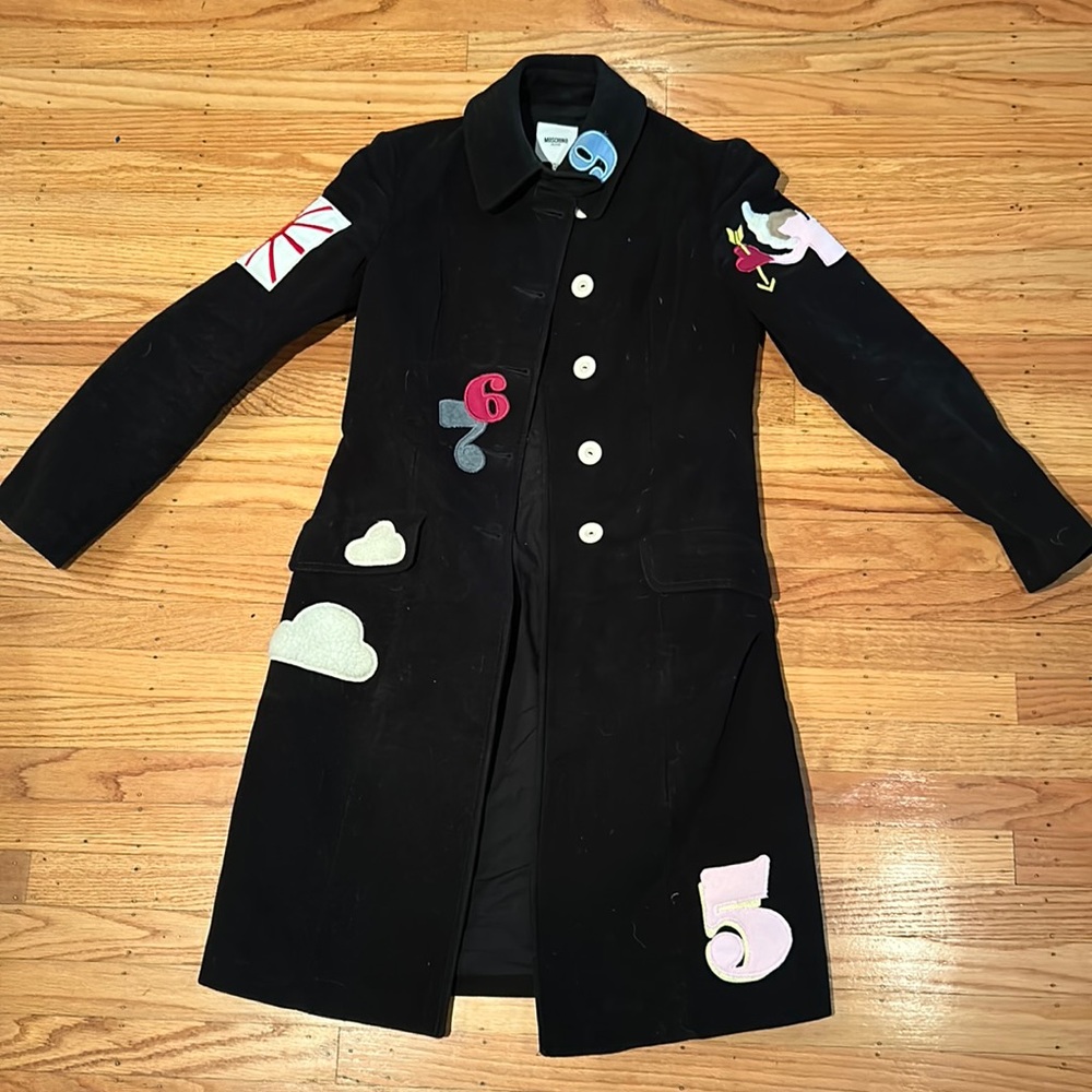 Rare Moschino vintage coat , 90s , applications , collectable , Moschino jeans